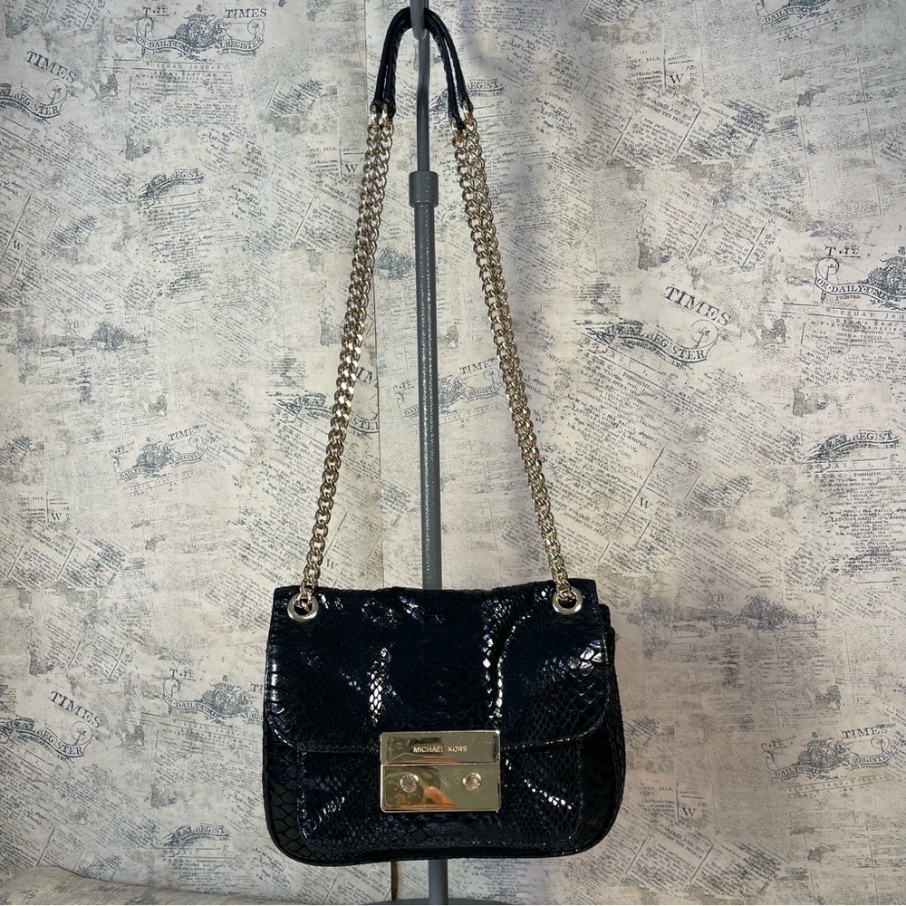 Michael Kors Sloan Black Leather Chain Shoulder Bag Gold Hardware